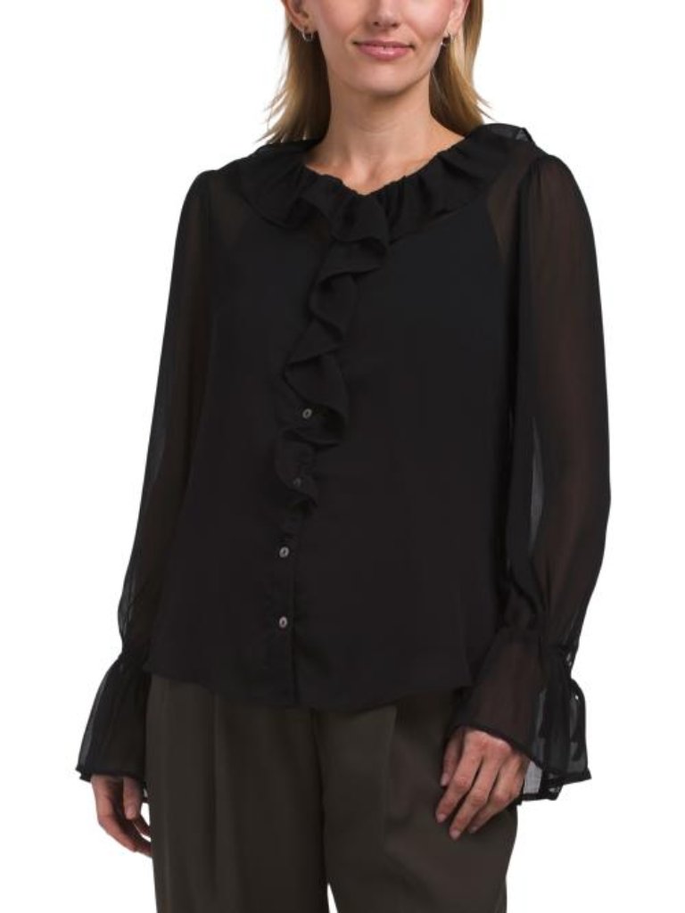 Liverpool Long Sleeve Ruffle Front Woven Shirt